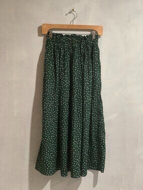 Green Polka Dot Midi Skirt Elastic Waist Flowy A-Line Casual Size XL